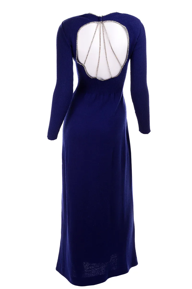 Vintage 1970s Blue Knit Evening Dress W Open Back & Rhinestones