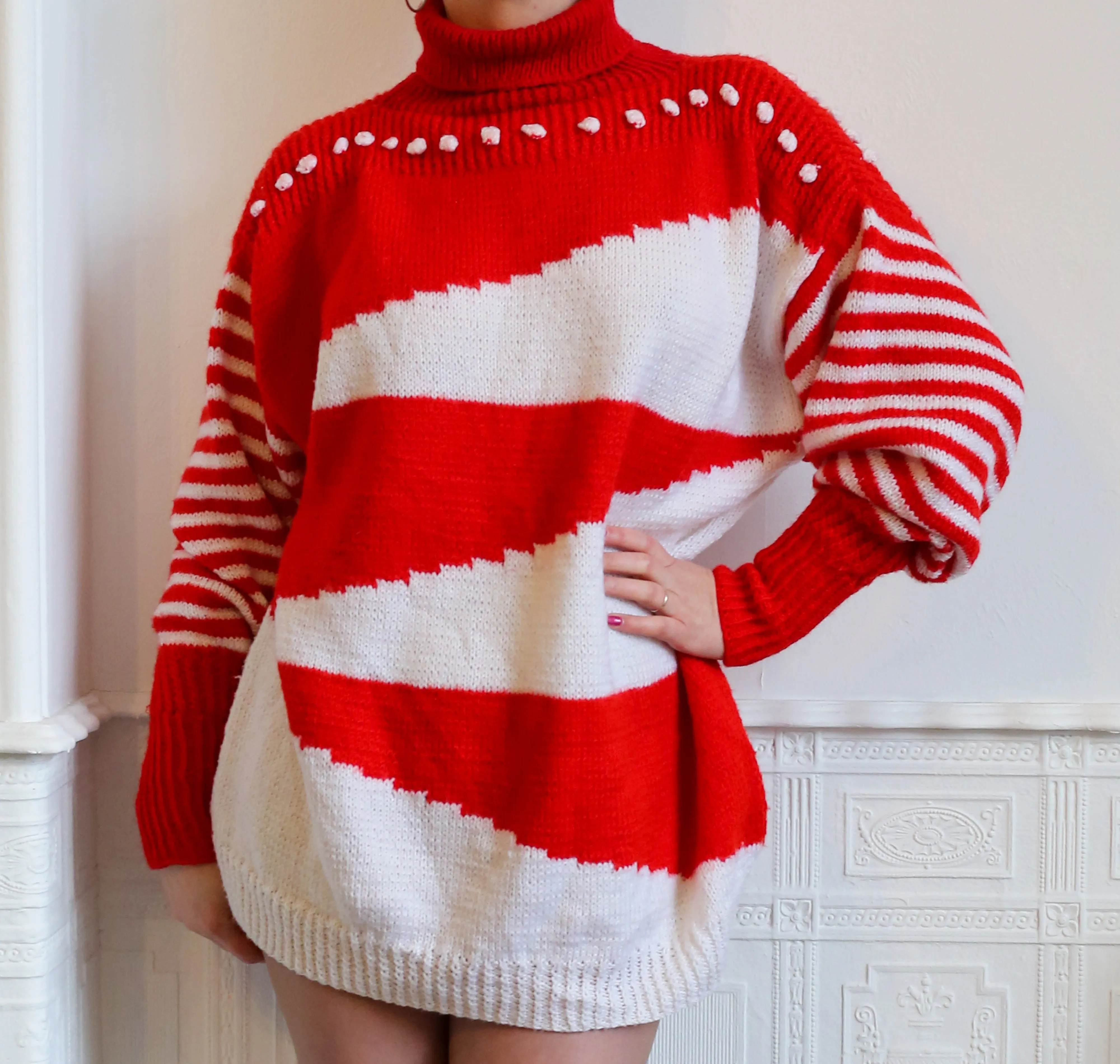 Vintage 1980s Red and White Hand Knit Sweater