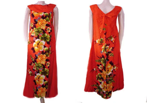 *VINTAGE '50s / '60s HAWAIIAN HIBISCUS DRESS WITH HUGE COLLAR & BOW - GORGEOUS PRINT