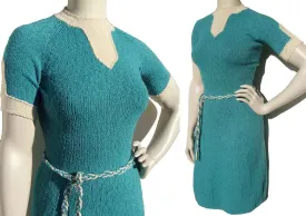 Vintage 50s Dress Turquoise Knit Handmade S XS