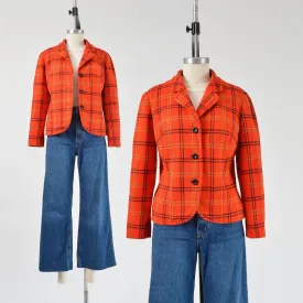 Vintage 60s 70s Pendleton Orange Plaid Blazer Retro Mod Wool Fitted Suit Jacket size S M