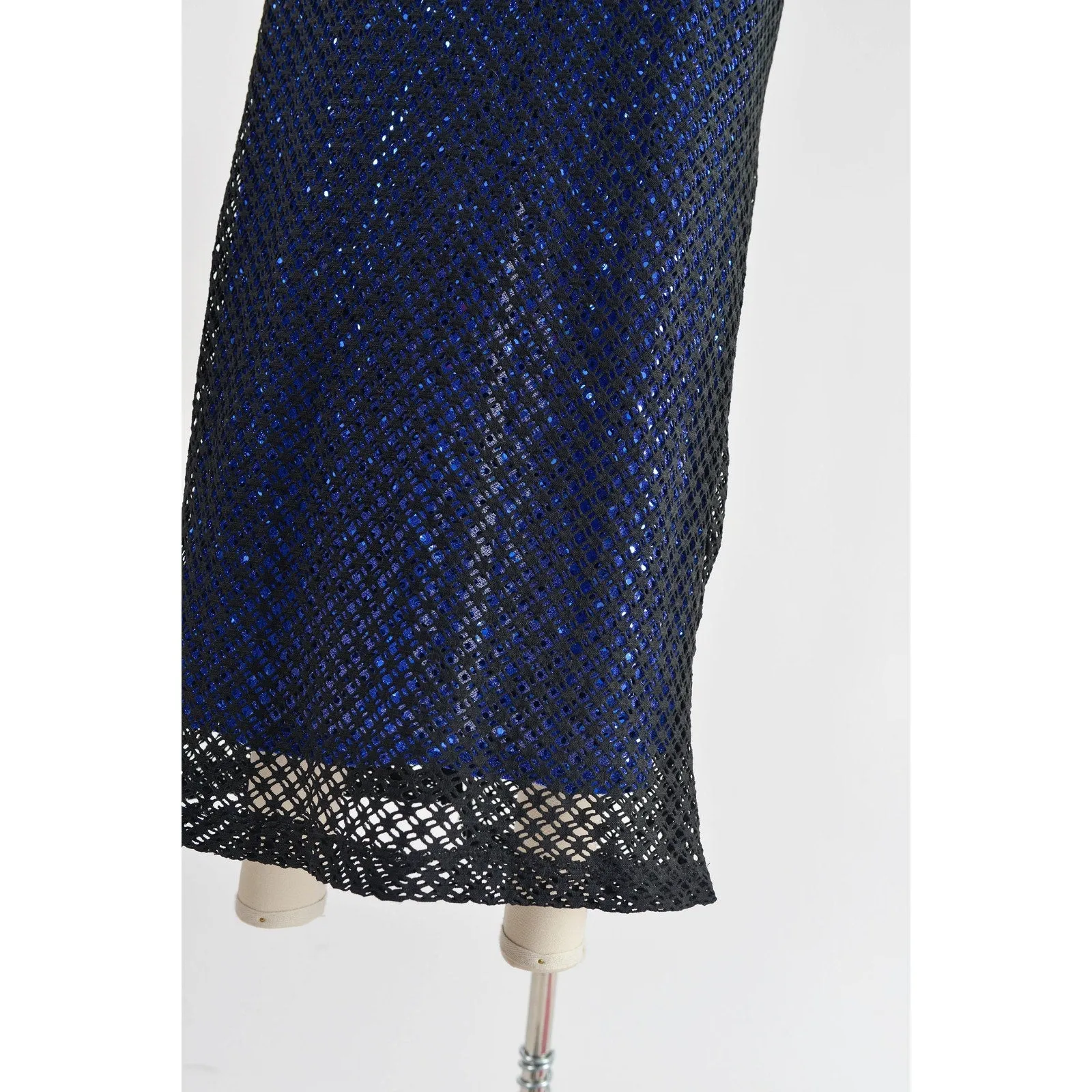 Vintage 90s Y2K Sheer Fishnet Black Blue Sequin Spaghetti Strap Maxi Dress XS