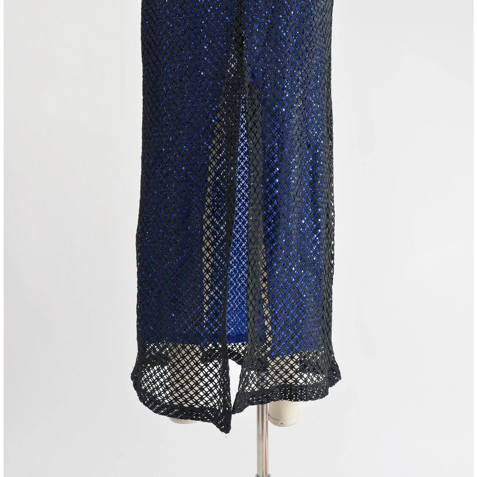 Vintage 90s Y2K Sheer Fishnet Black Blue Sequin Spaghetti Strap Maxi Dress XS