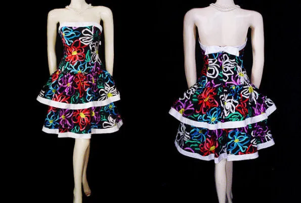 *VINTAGE A. J. BARI - LORD & TAYLOR STRAPLESS TIERED FLOUNCE  PARTY DRESS WITH ATTACHED CRINOLINE