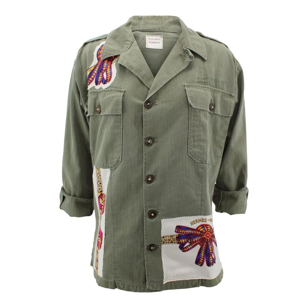 Vintage Army Jacket Reclaimed With Silk "Les Rubans du Cheval" Scarf