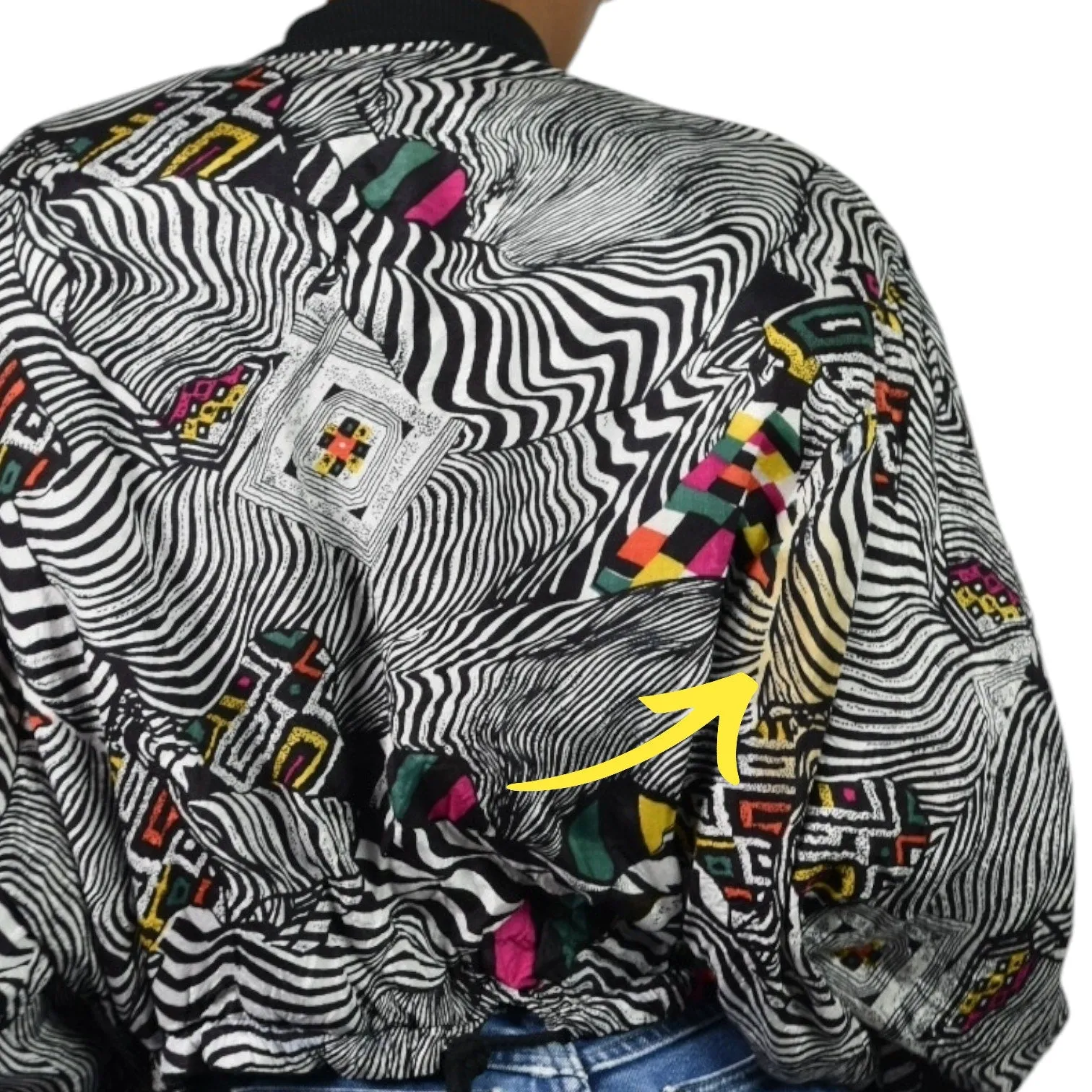 Vintage Magic International Print Bomber Jacket Silky Black Multi Zip Front Abstract Zebra One Size OS