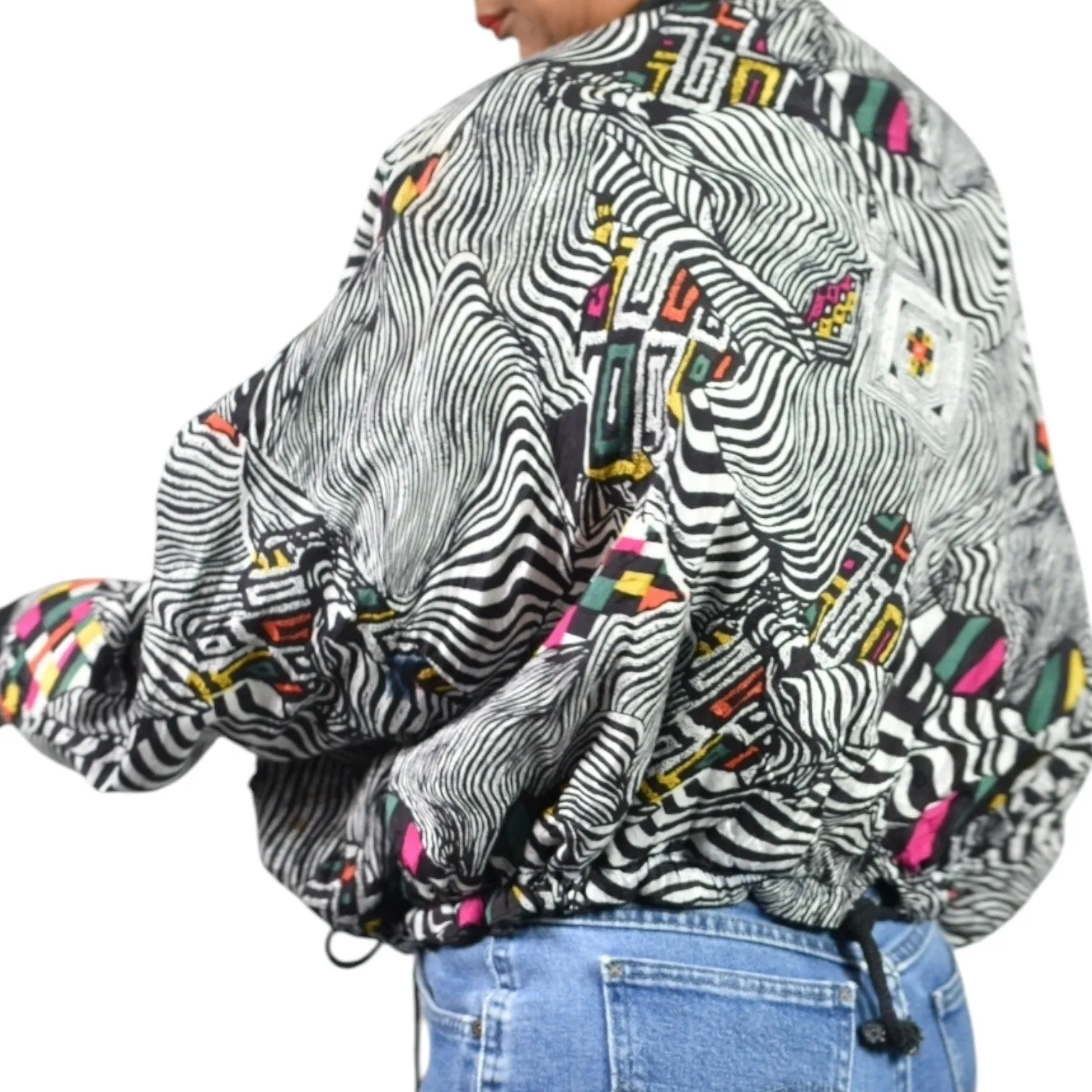 Vintage Magic International Print Bomber Jacket Silky Black Multi Zip Front Abstract Zebra One Size OS