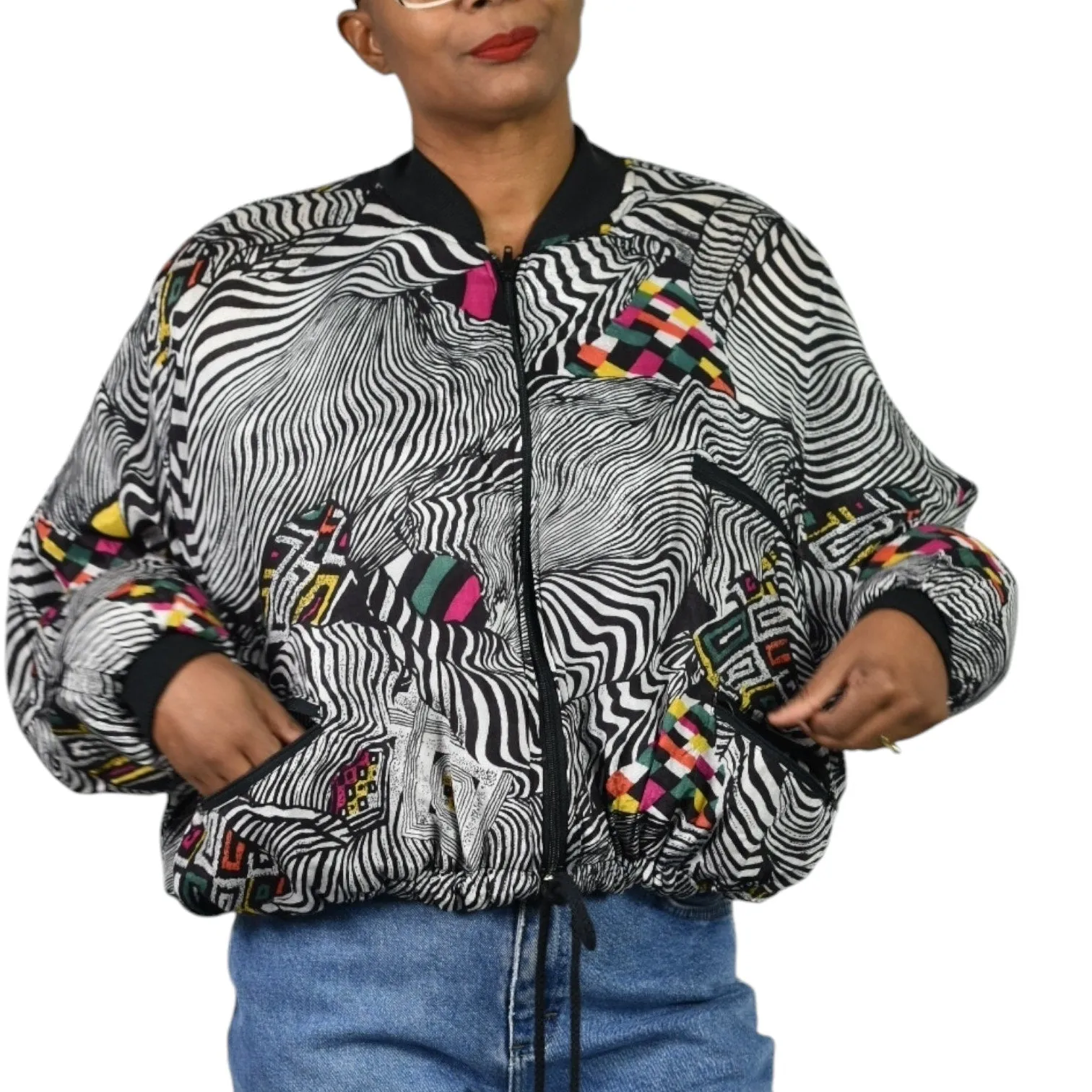 Vintage Magic International Print Bomber Jacket Silky Black Multi Zip Front Abstract Zebra One Size OS