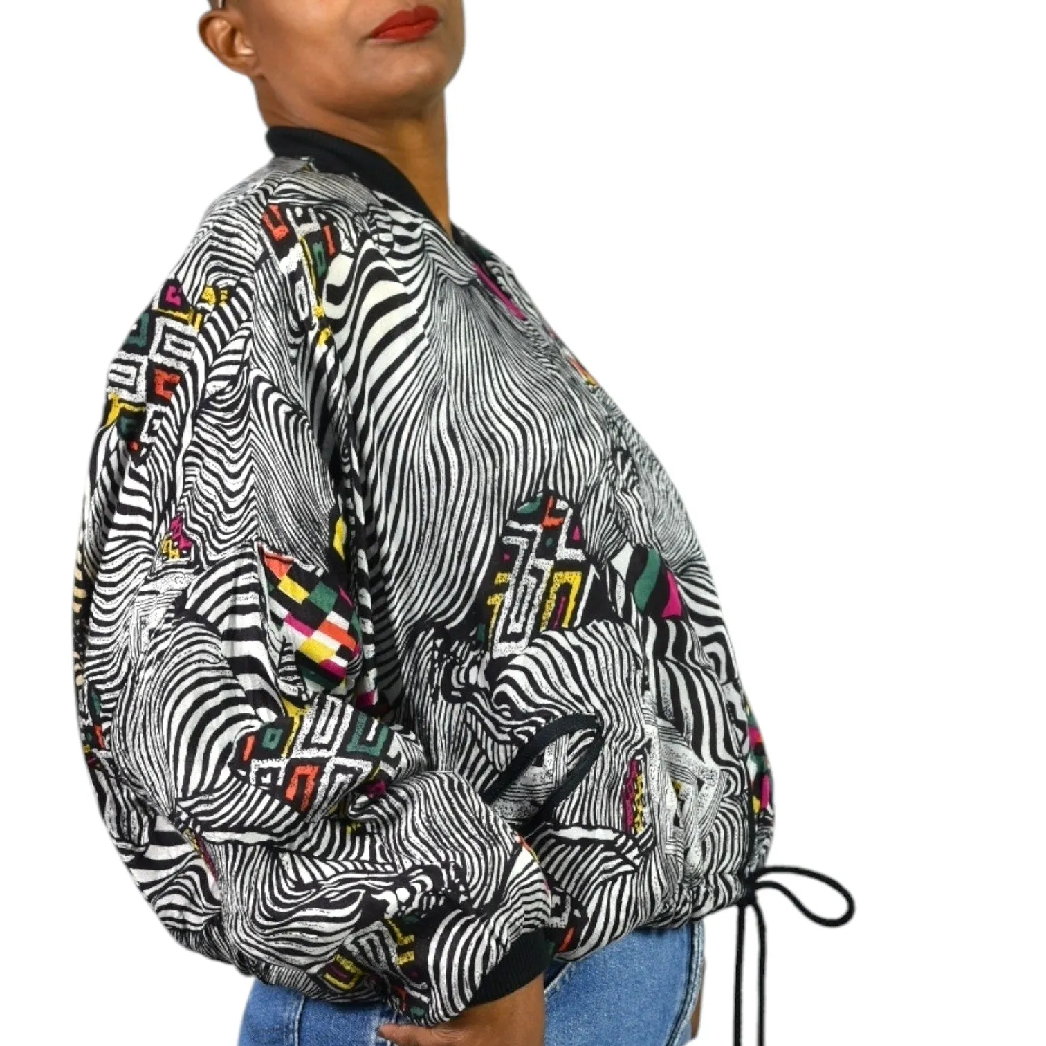 Vintage Magic International Print Bomber Jacket Silky Black Multi Zip Front Abstract Zebra One Size OS