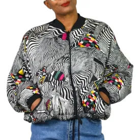 Vintage Magic International Print Bomber Jacket Silky Black Multi Zip Front Abstract Zebra One Size OS