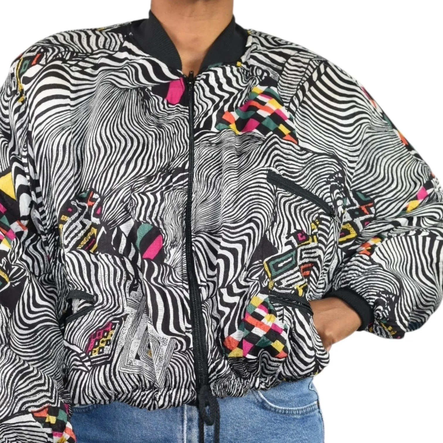 Vintage Magic International Print Bomber Jacket Silky Black Multi Zip Front Abstract Zebra One Size OS