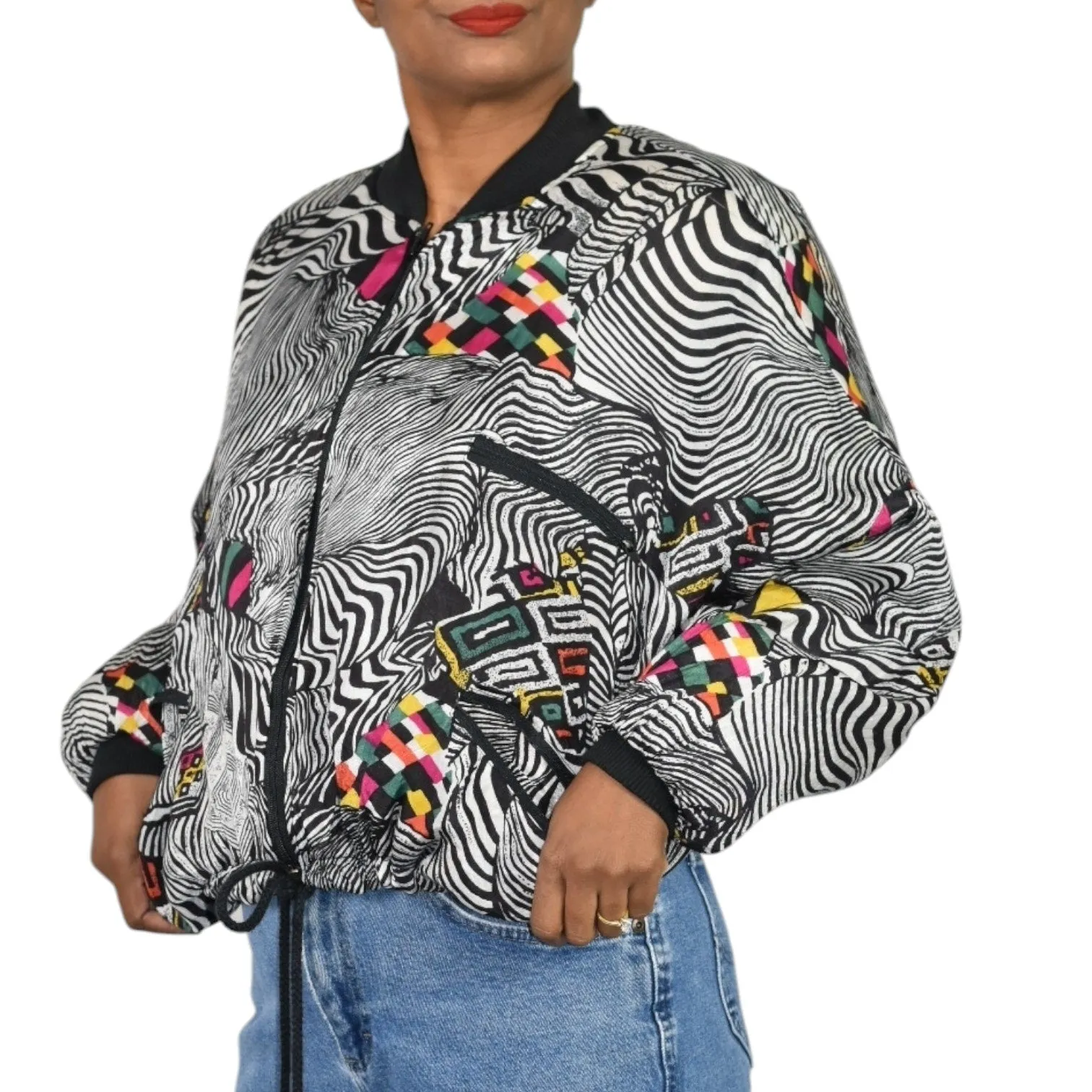 Vintage Magic International Print Bomber Jacket Silky Black Multi Zip Front Abstract Zebra One Size OS