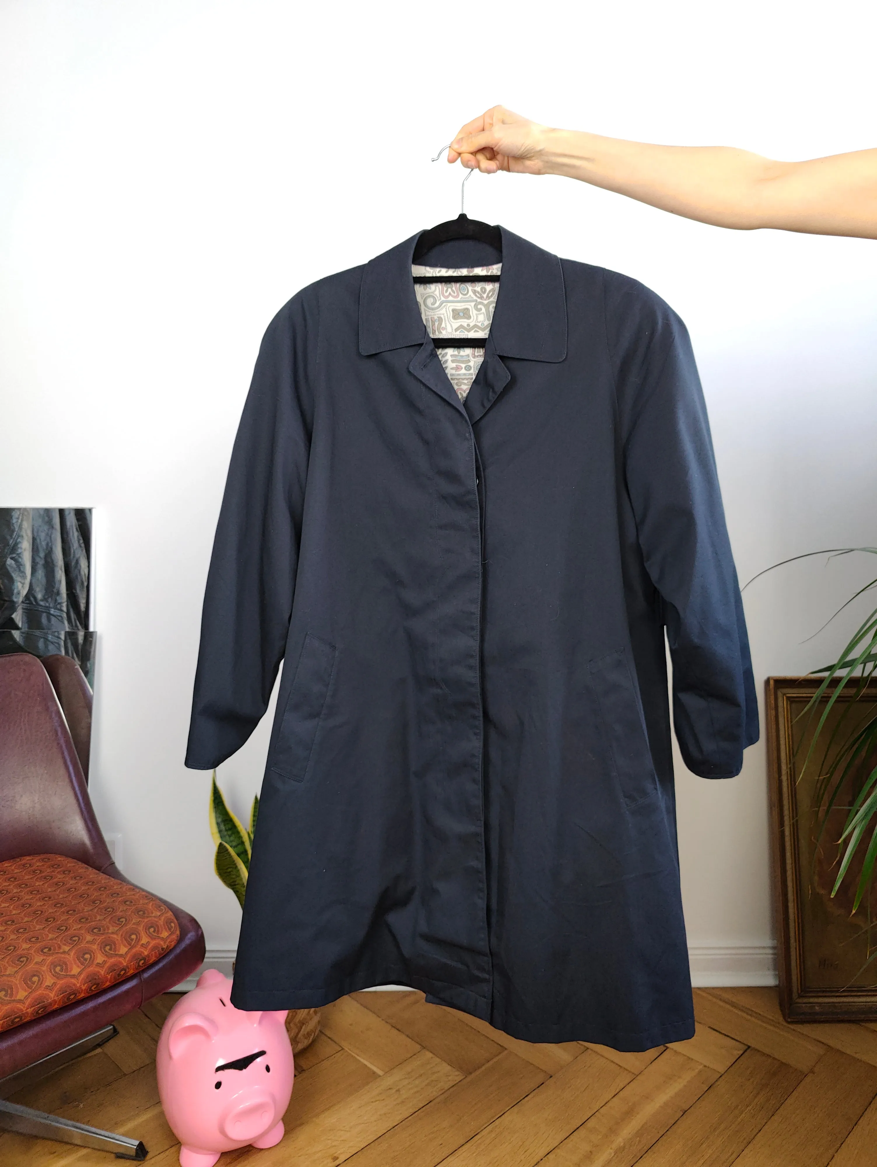 Vintage navy blue trench coat short midi light spring summer women M