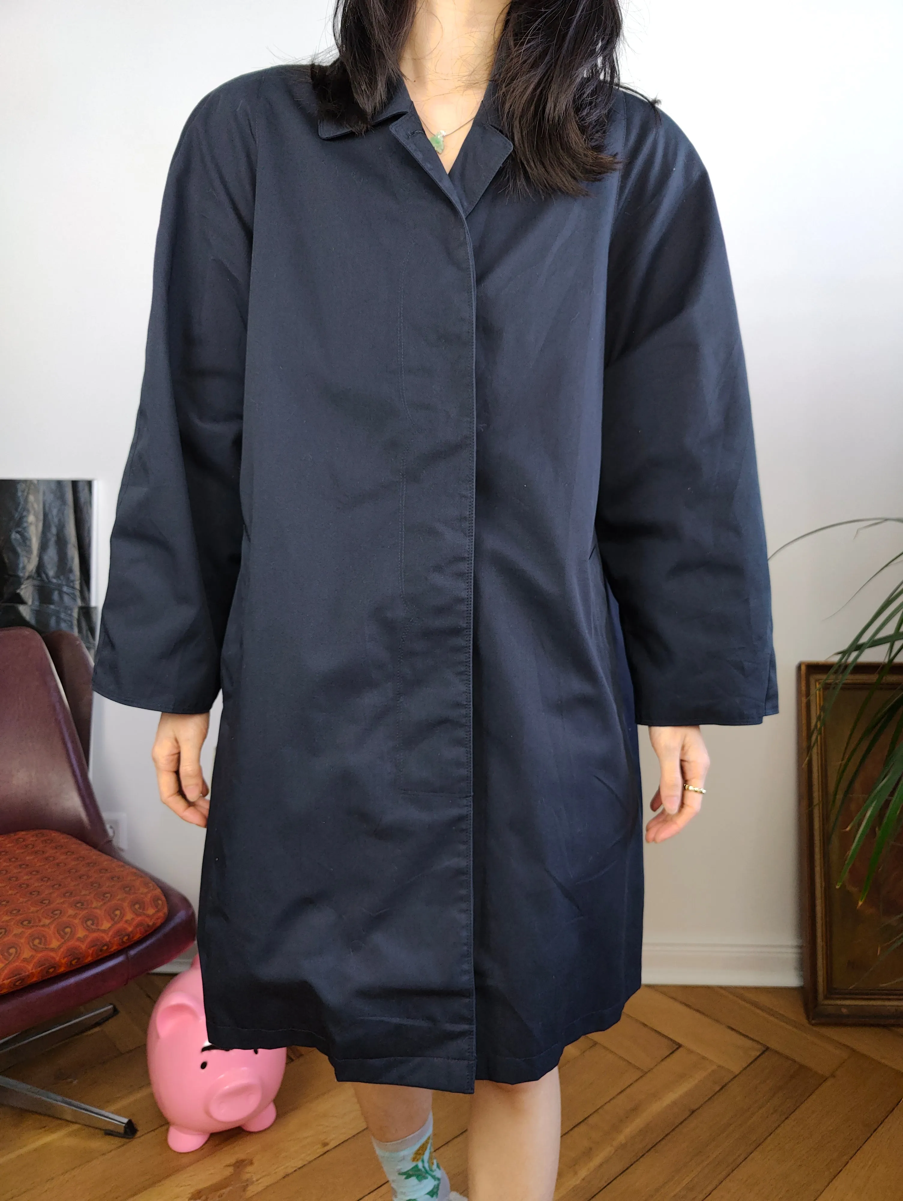 Vintage navy blue trench coat short midi light spring summer women M