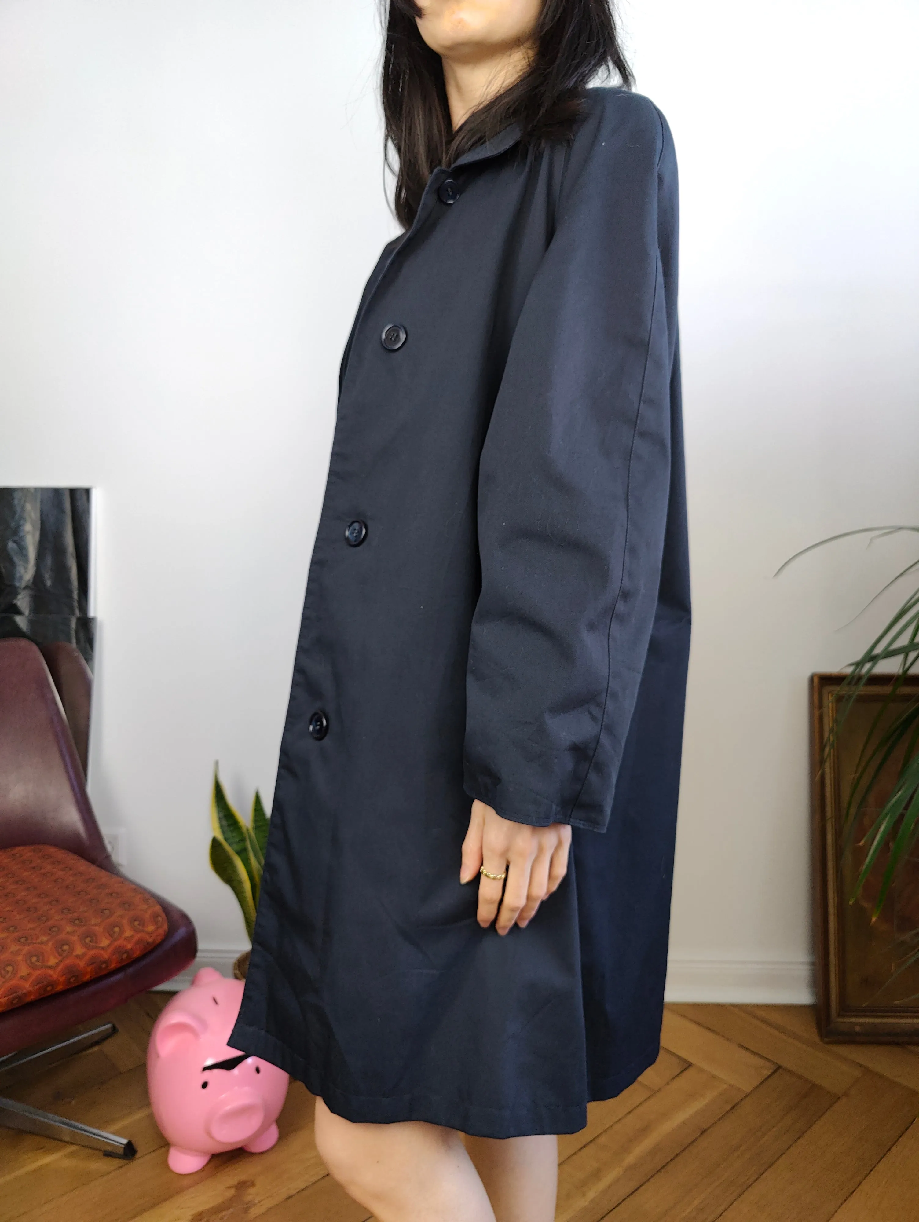 Vintage navy blue trench coat short midi light spring summer women M