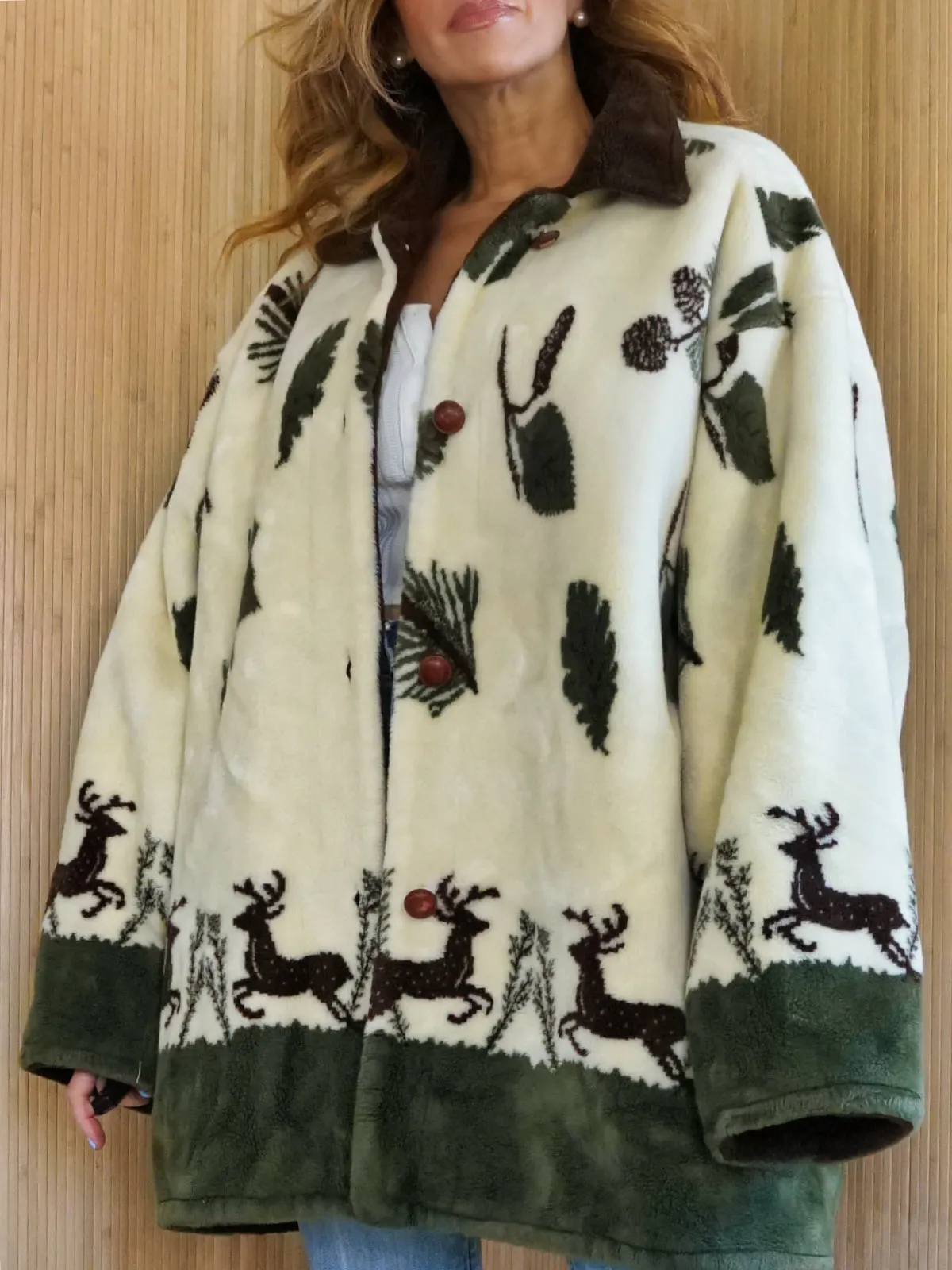 Vintage Plush Fleece Deer Motif Jacket