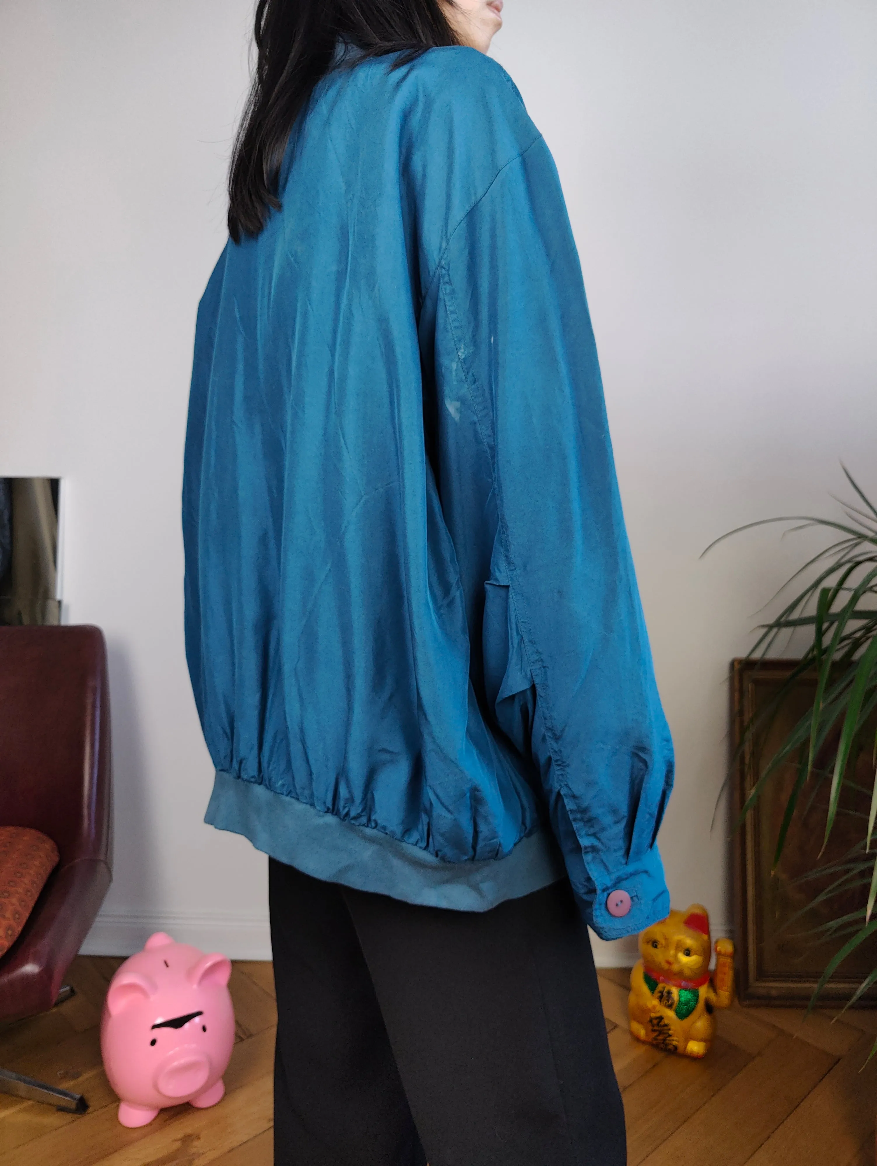 Vintage silk bomber jacket blouson blue light spring summer women unisex men 50 L