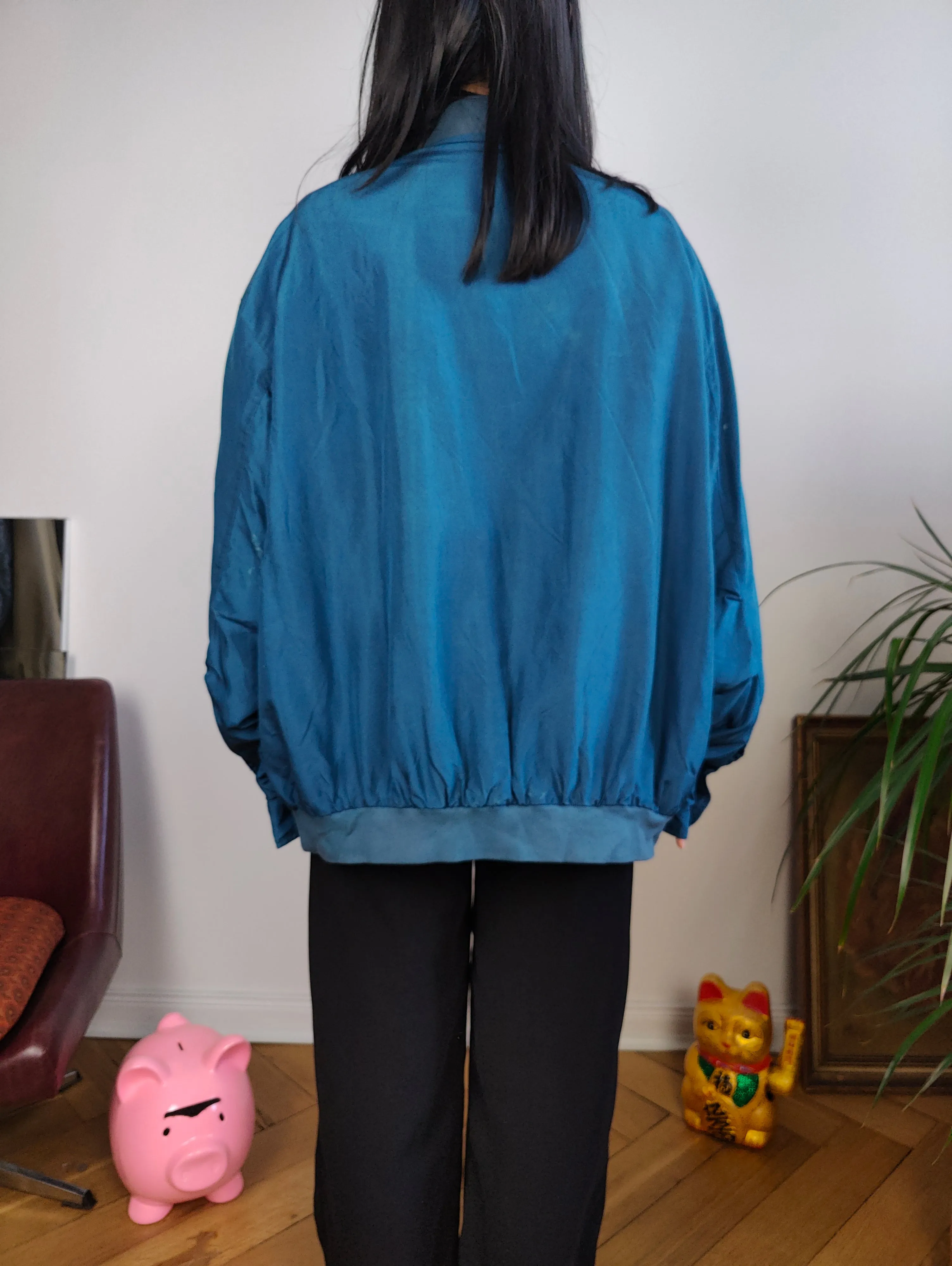 Vintage silk bomber jacket blouson blue light spring summer women unisex men 50 L