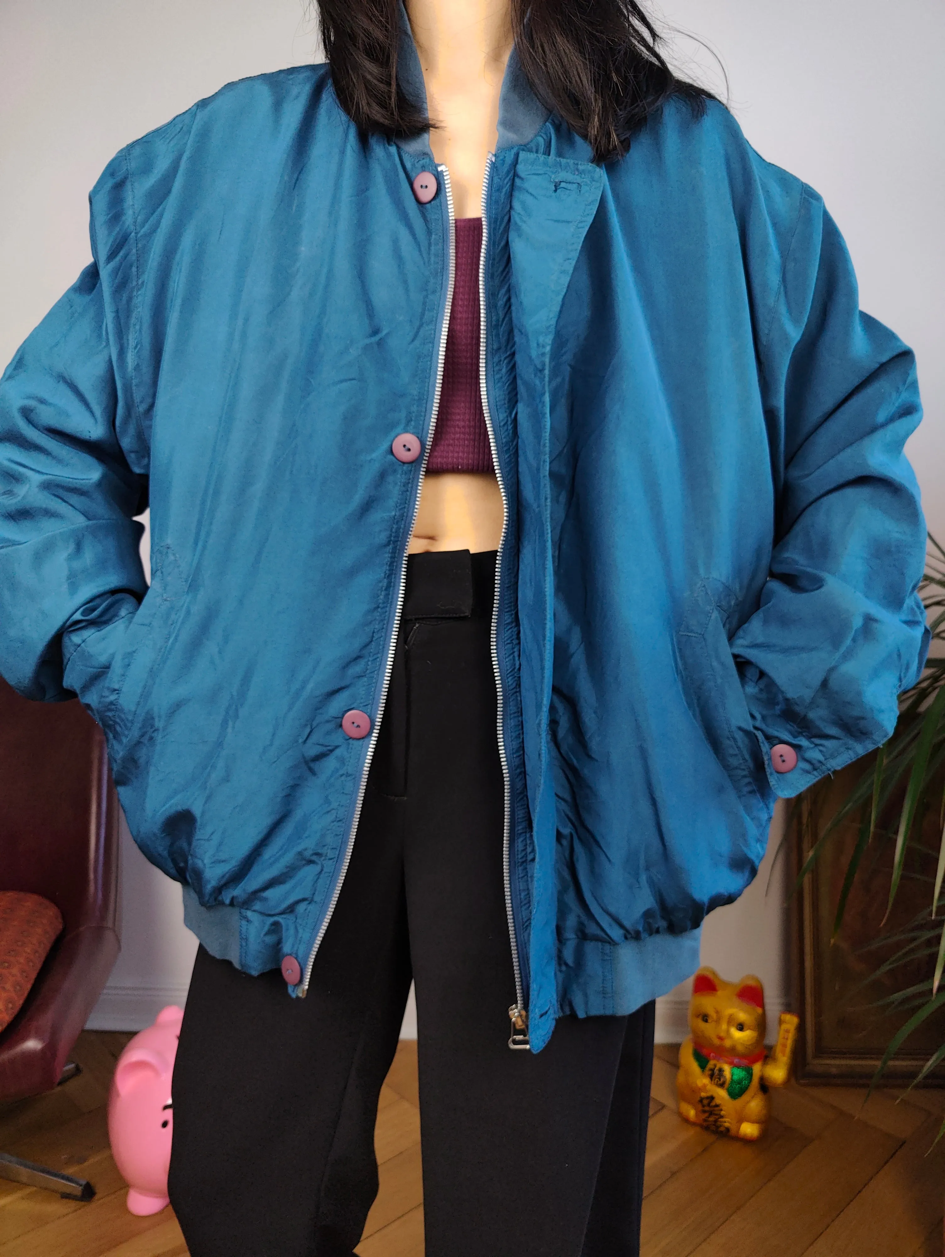 Vintage silk bomber jacket blouson blue light spring summer women unisex men 50 L