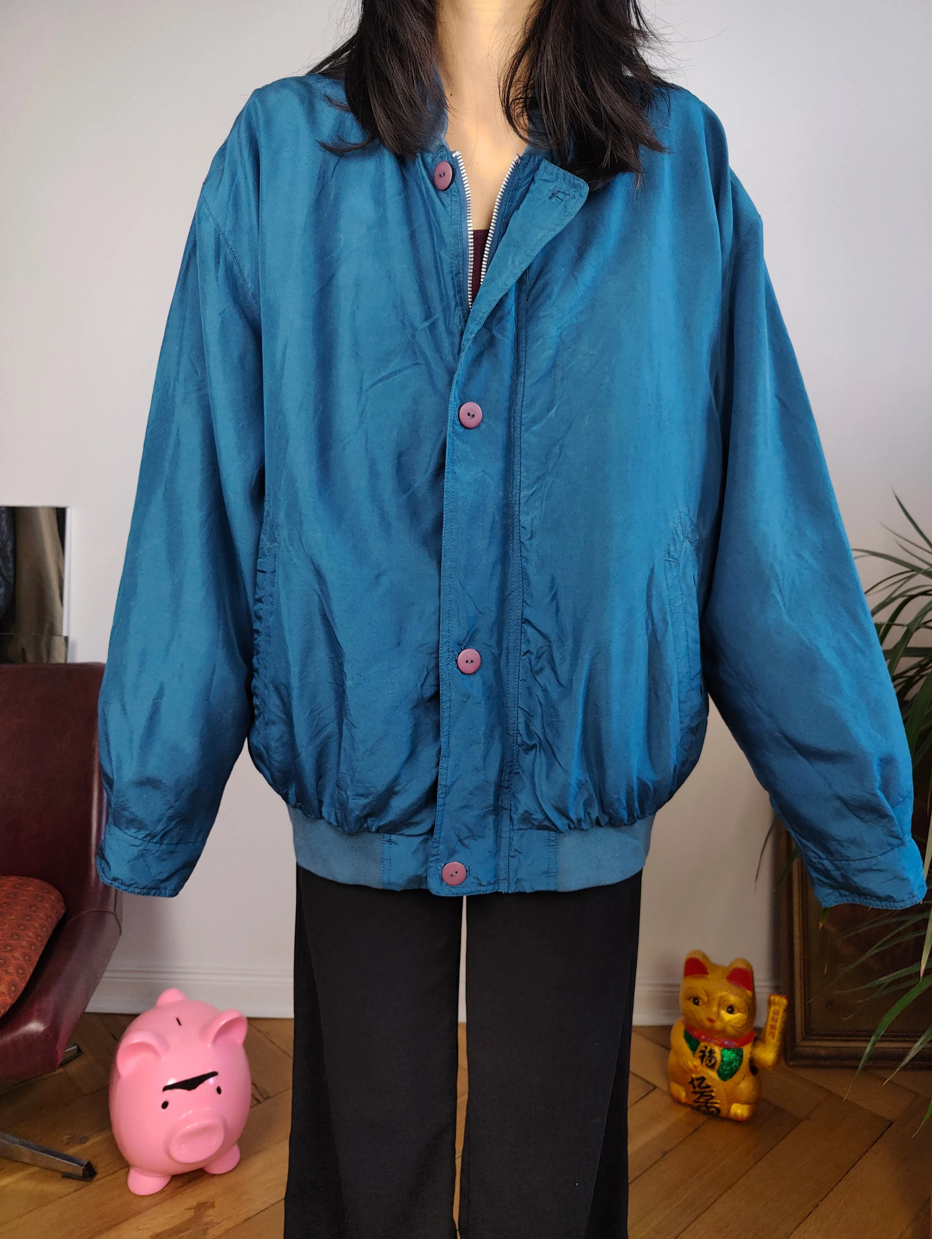 Vintage silk bomber jacket blouson blue light spring summer women unisex men 50 L