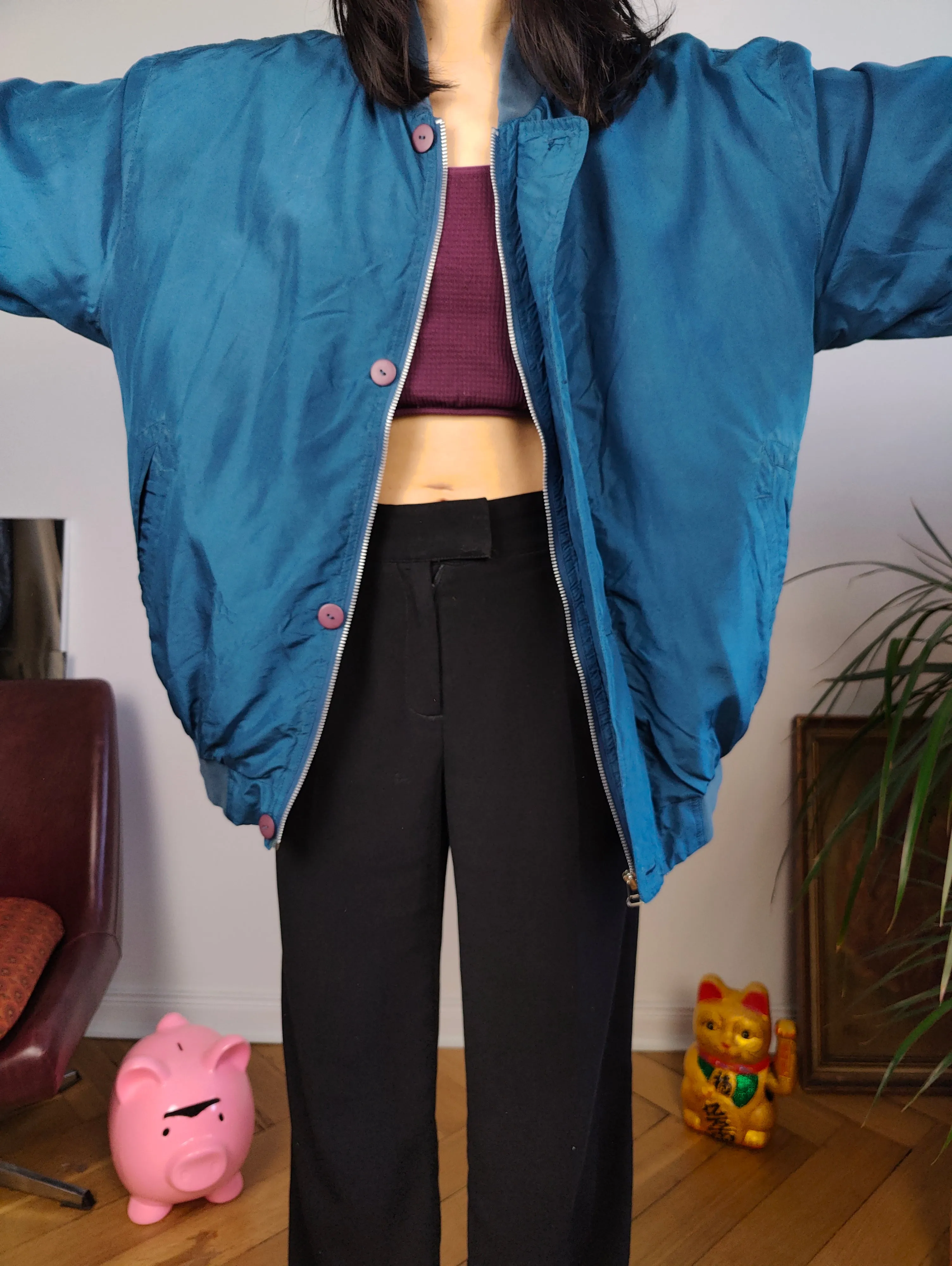 Vintage silk bomber jacket blouson blue light spring summer women unisex men 50 L