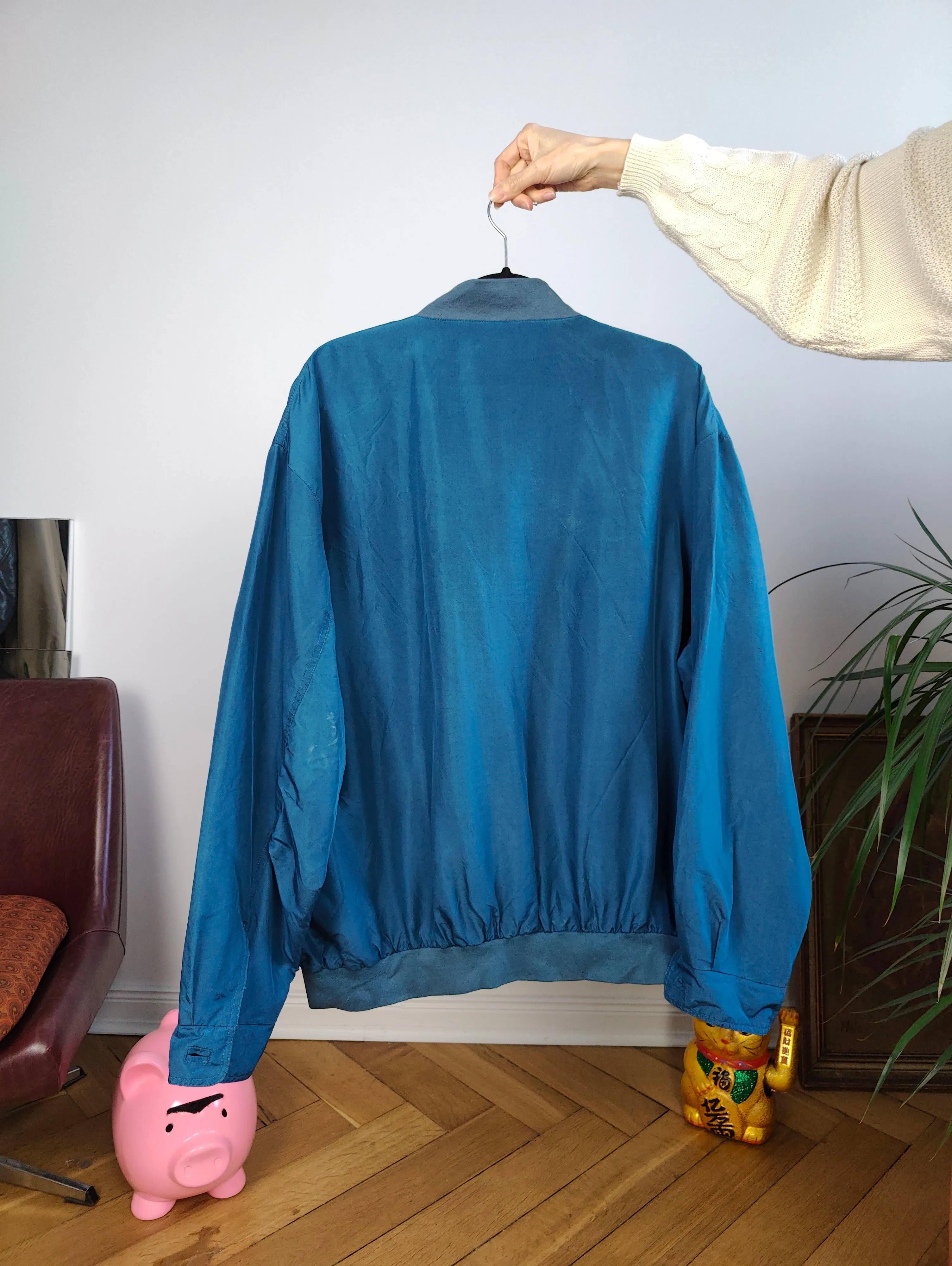 Vintage silk bomber jacket blouson blue light spring summer women unisex men 50 L