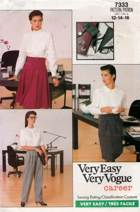 Vogue Career 7333 Womens High Waisted Pleated Skirts & Pants 1980s Vintage Sewing Pattern Size 12 Waist 26.5 inches