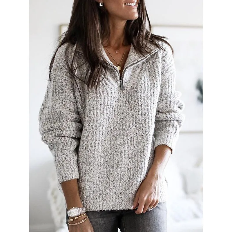 Women knit zip high neck long sleeve pullover sweater