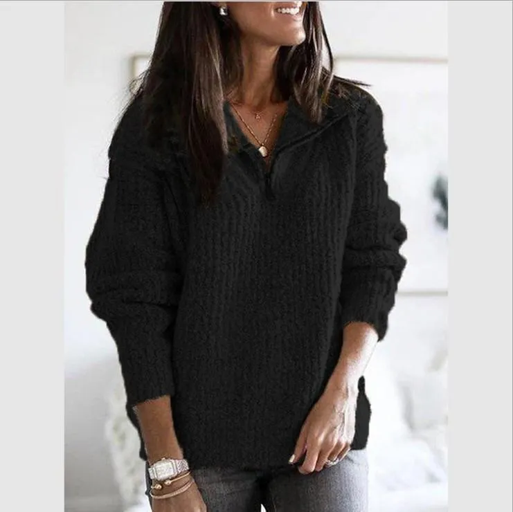 Women knit zip high neck long sleeve pullover sweater