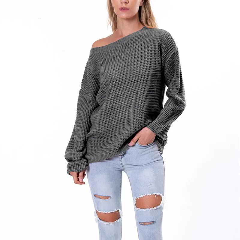 Women winter fall long sleeve solid color knit sweater