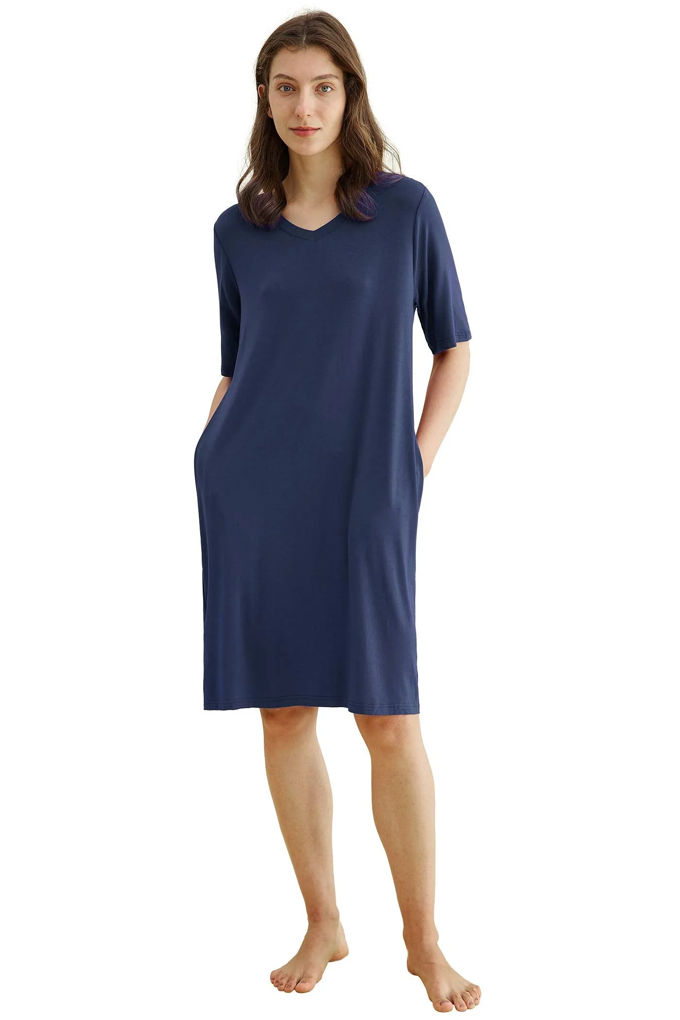 Women's Bamboo Viscose Nightgown V-Neck Sleep Shirt with Pockets