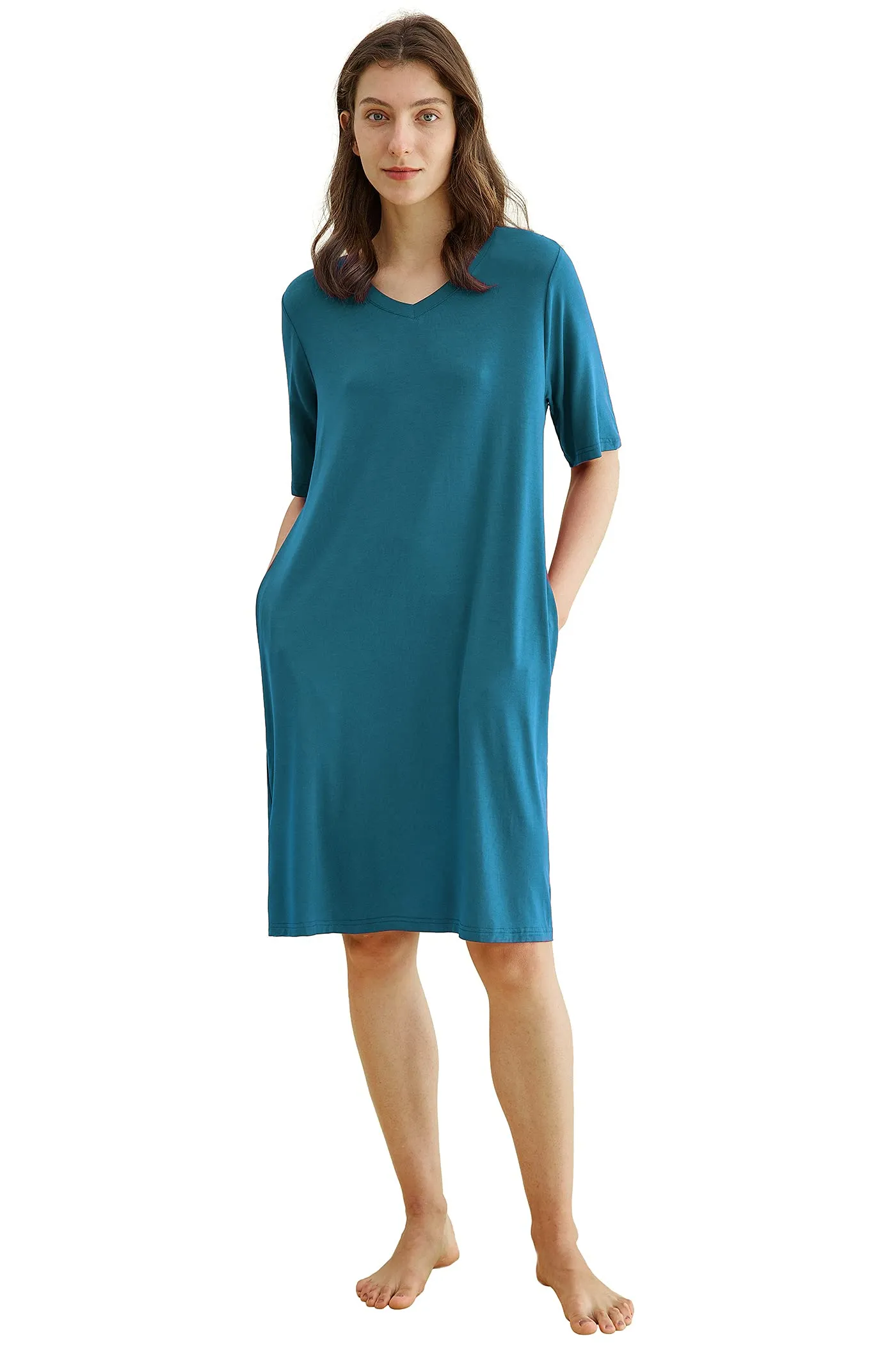 Women's Bamboo Viscose Nightgown V-Neck Sleep Shirt with Pockets