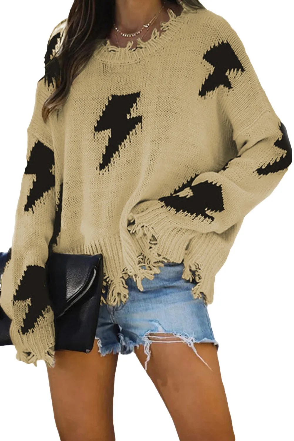 Women's Bell Sleeves Lightning Print Distressed Sweater