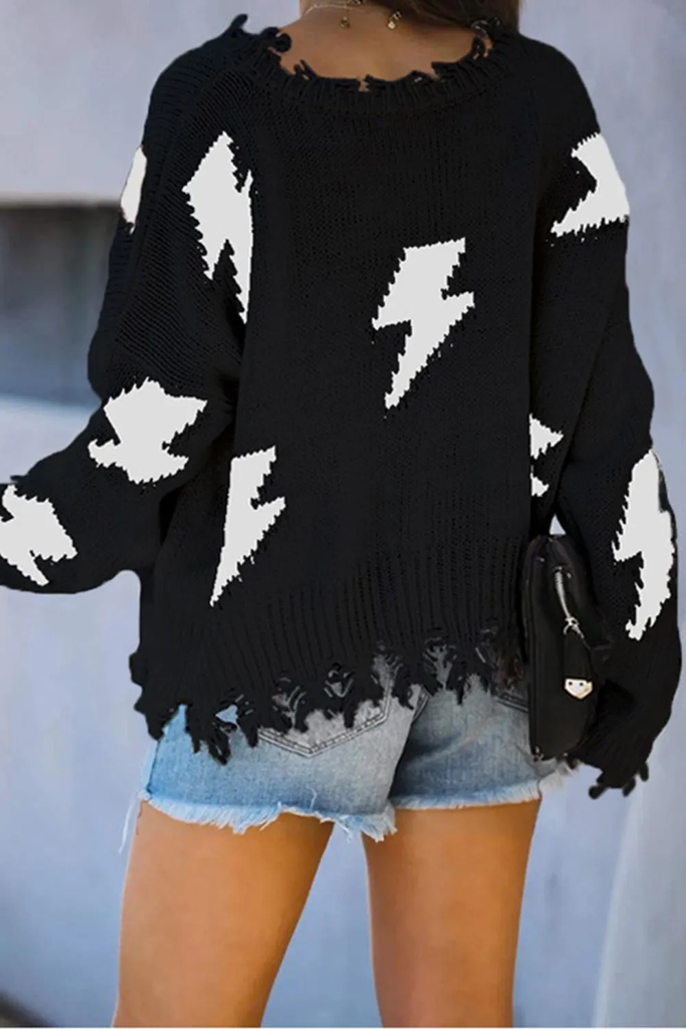 Women's Bell Sleeves Lightning Print Distressed Sweater