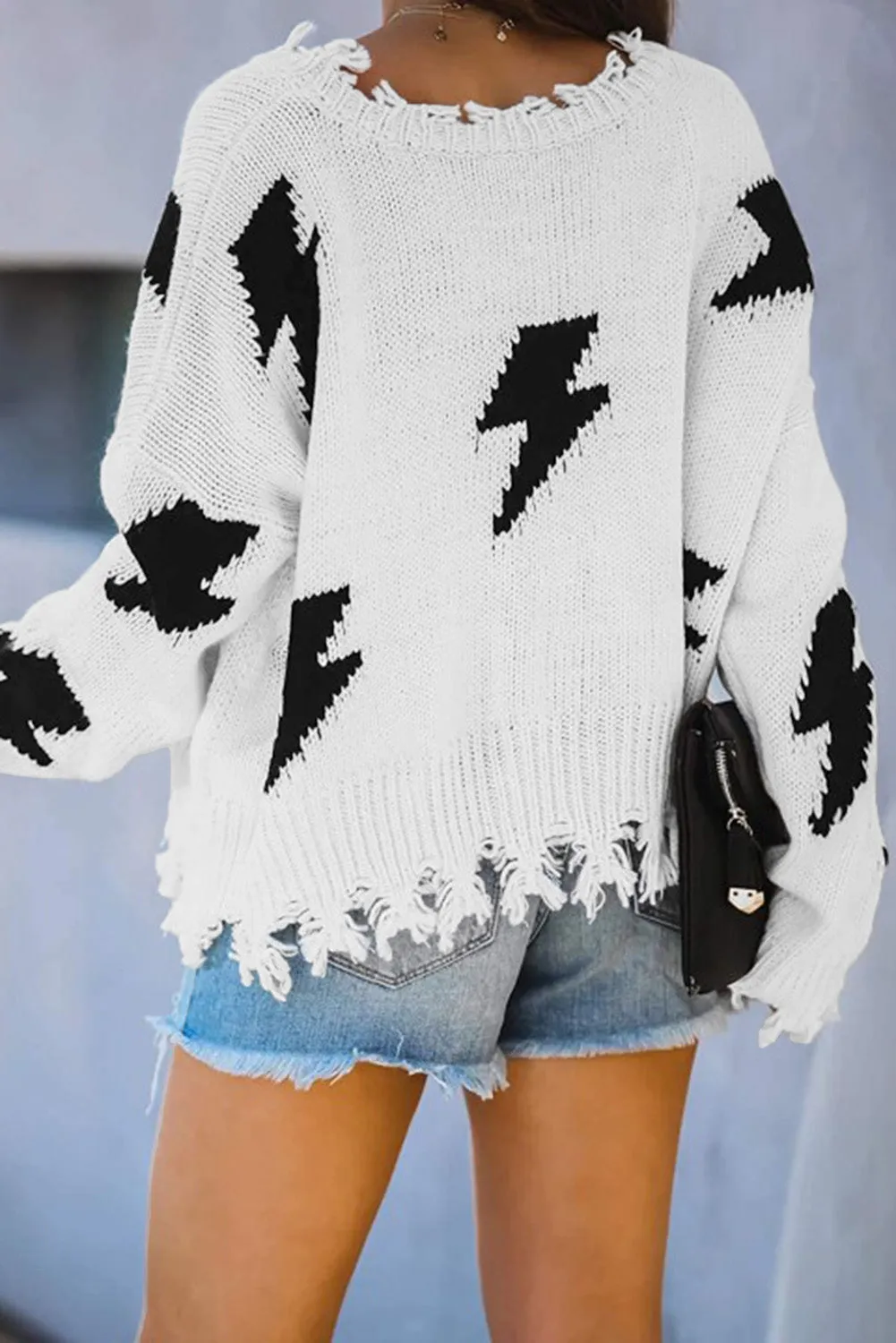 Women's Bell Sleeves Lightning Print Distressed Sweater