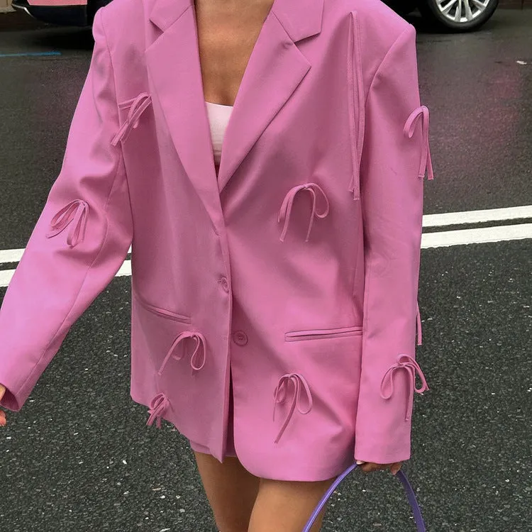 Women’s Premium Bow-Decorated Pink Loose-Fit Casual Blazer