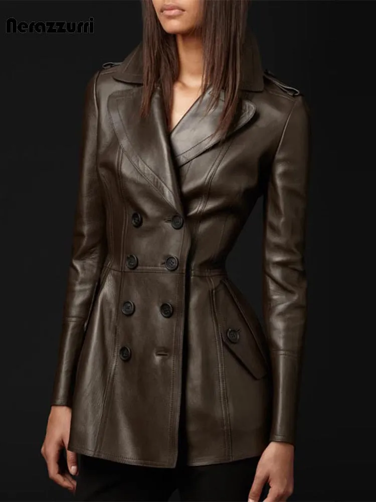 Womens Slim Leather Trench Coat for Women 2023 Slim Fit Soft Faux Leather Blazer