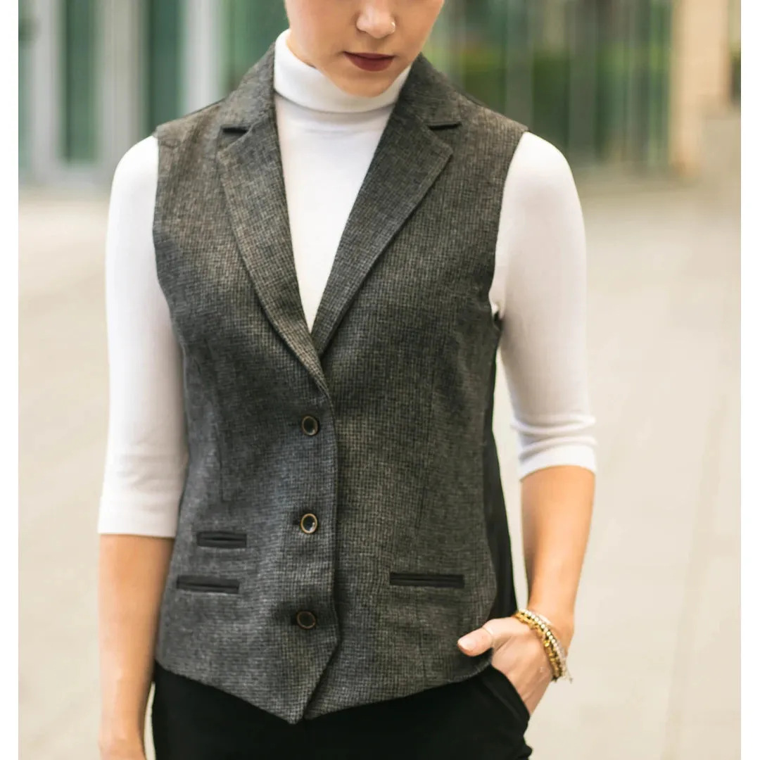 wsn01 - Women Grey Suit Blazer Waistcoat & Trousers in Tweed Herringbone