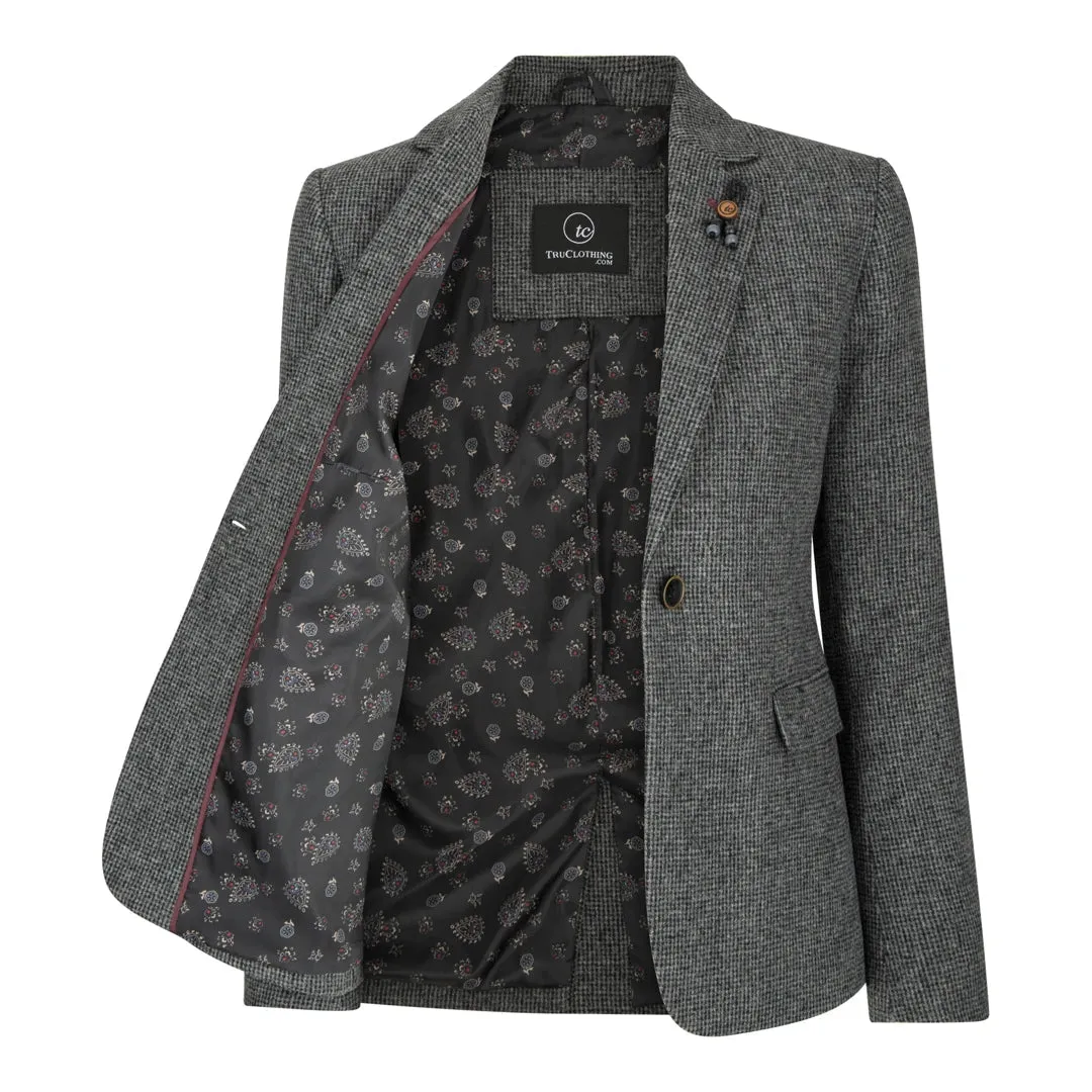 wsn01 - Women Grey Suit Blazer Waistcoat & Trousers in Tweed Herringbone