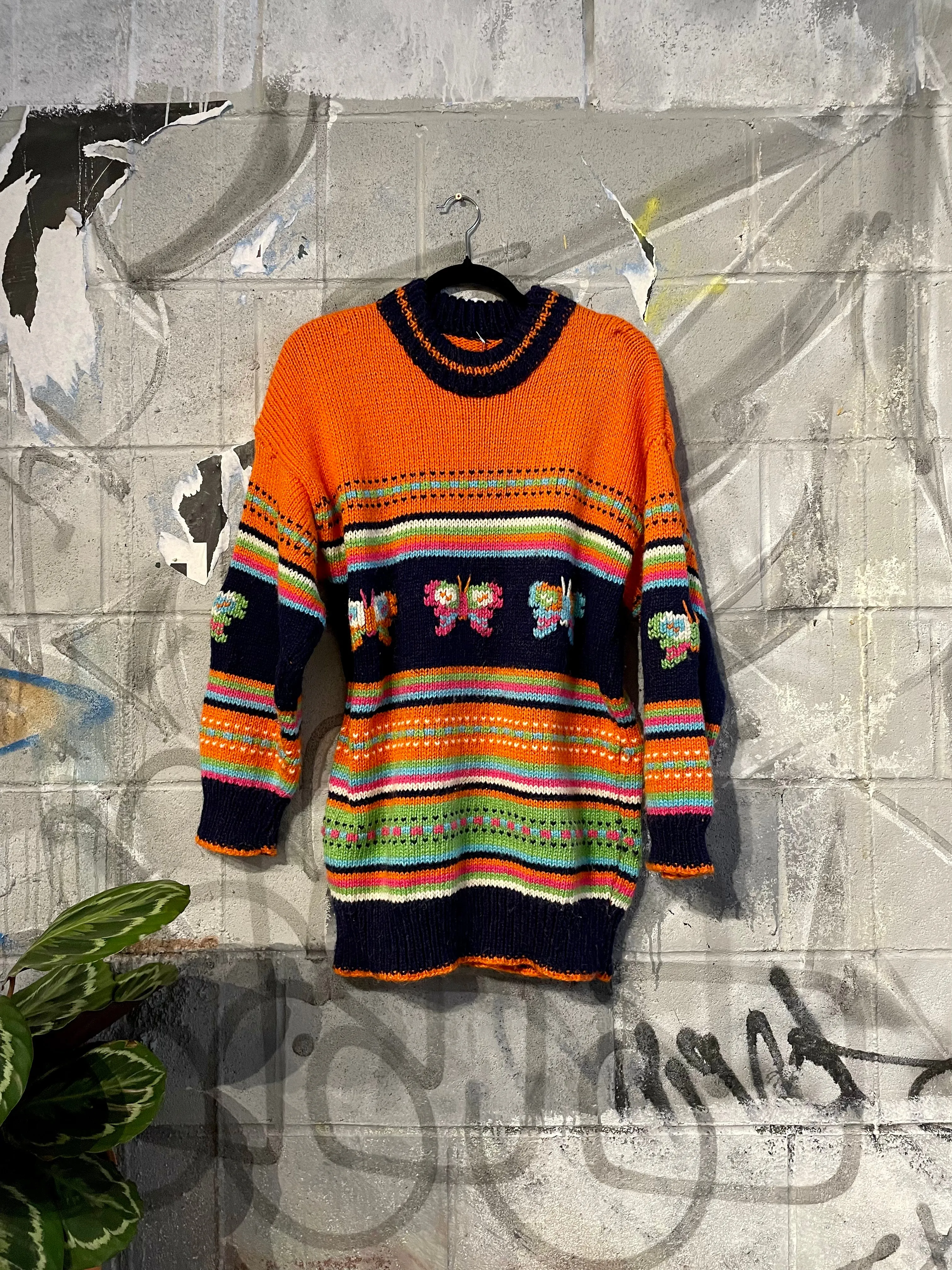 Y2K Orange & Blue Butterfly Sweater