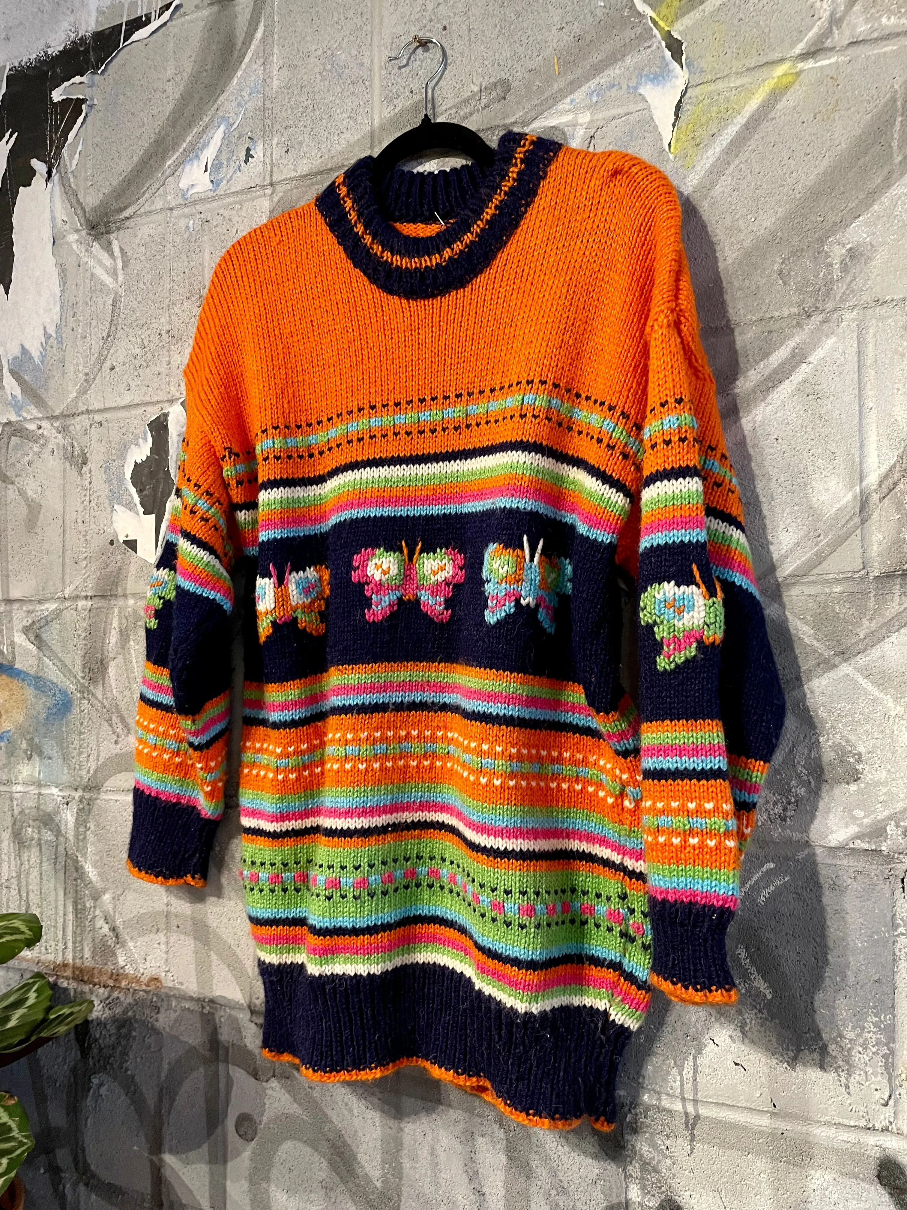 Y2K Orange & Blue Butterfly Sweater